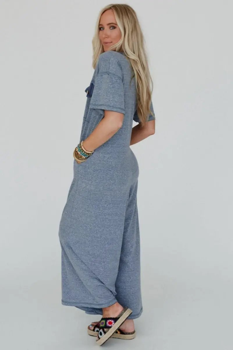 Beau Blue Half Placket Chest Pockets Short Sleeve Jumpsuit - Love Salve